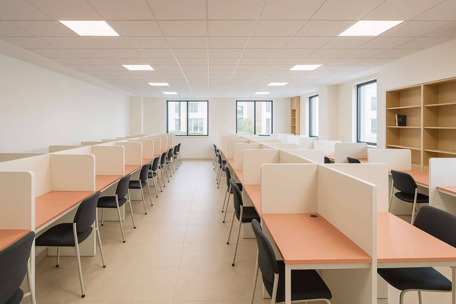 Bright and modern co-studying space at The Study Room with individual desks for students.